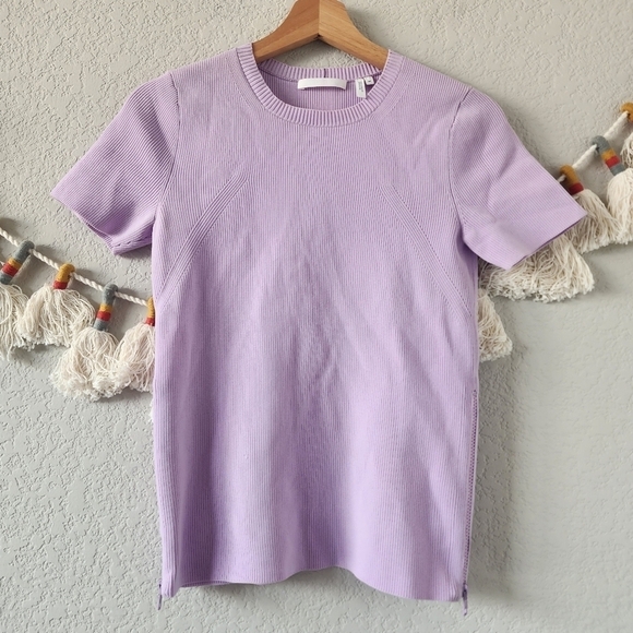 Helmut Lang Lavender Angle Side Zip Ribbed Knit Short Sleeve Top Minimalist M - Picture 1 of 12